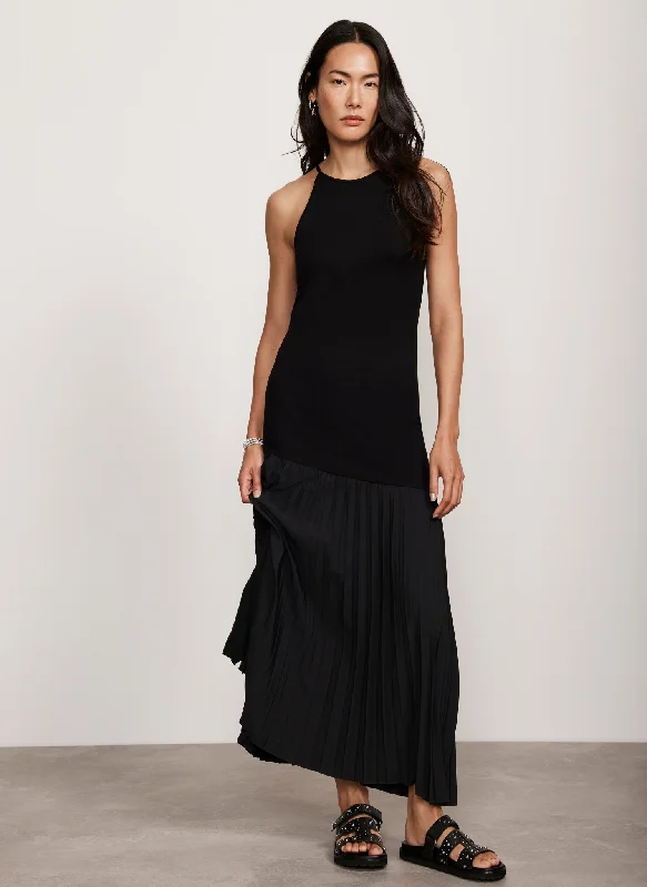 Black Pleated Jersey Maxi Dress