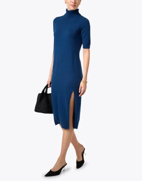 Blue Wool Cashmere Turtleneck Dress