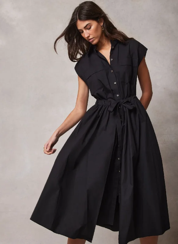 Black Cotton Midi Shirt Dress