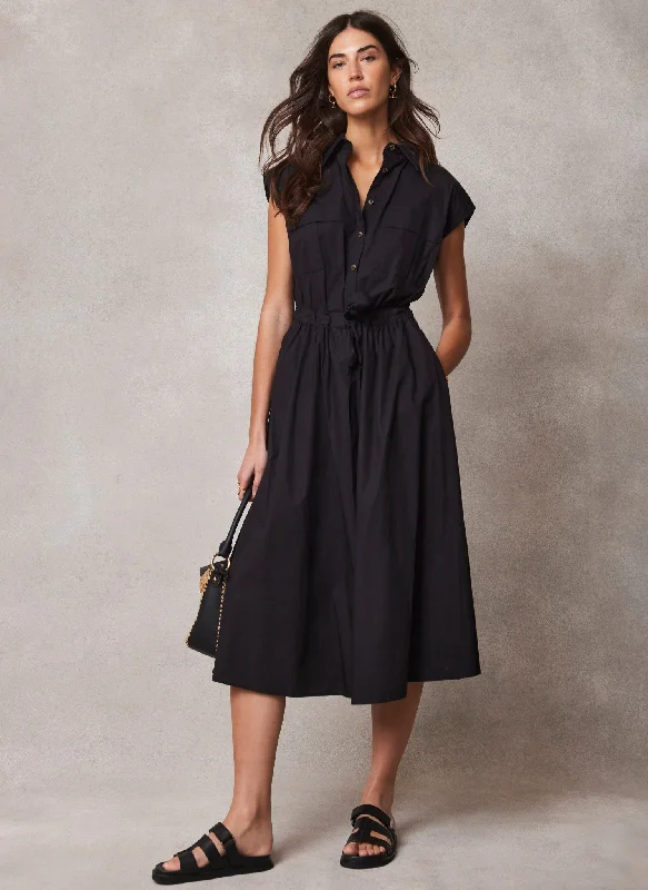 Black Cotton Midi Shirt Dress