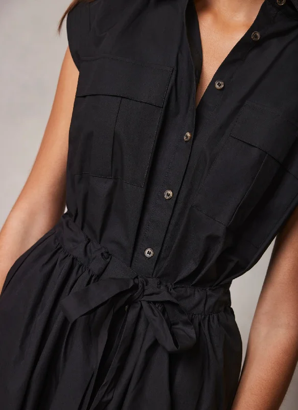 Black Cotton Midi Shirt Dress