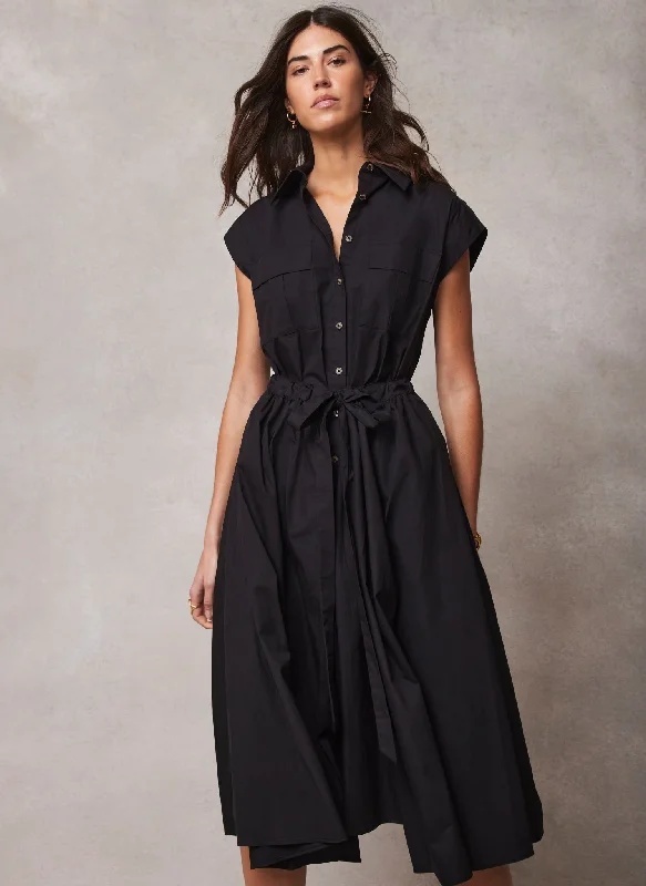 Black Cotton Midi Shirt Dress