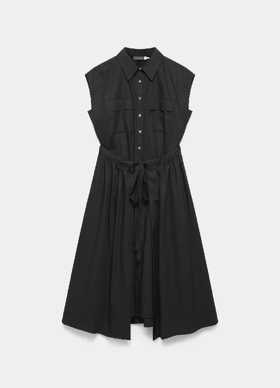 Black Cotton Midi Shirt Dress