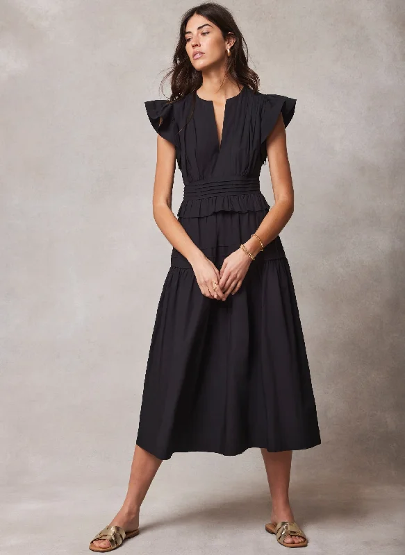 Black Cotton Ruffle Midi Dress