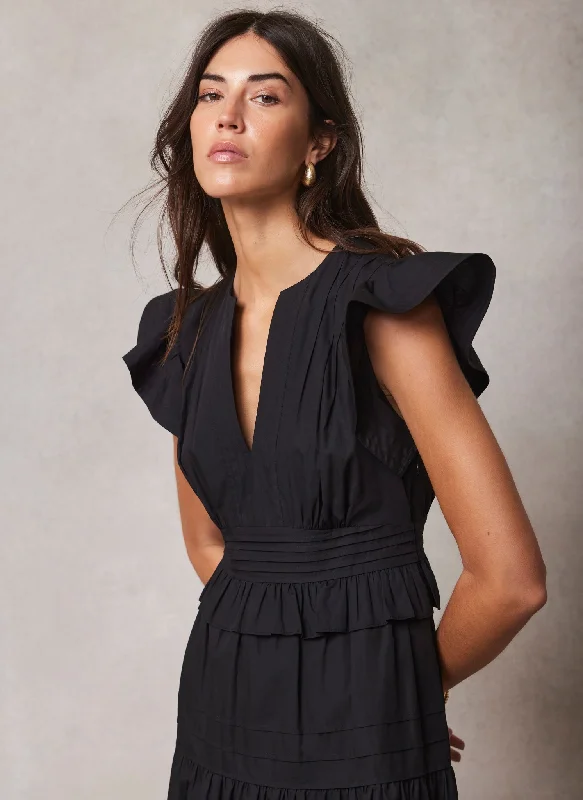 Black Cotton Ruffle Midi Dress