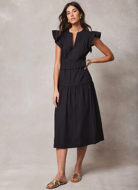 Black Cotton Ruffle Midi Dress