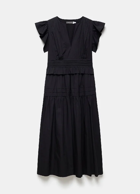 Black Cotton Ruffle Midi Dress