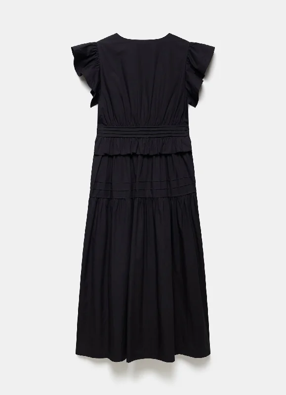 Black Cotton Ruffle Midi Dress