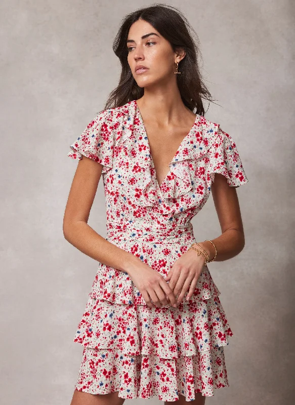 Cream Floral Print Ruffle Mini Dress