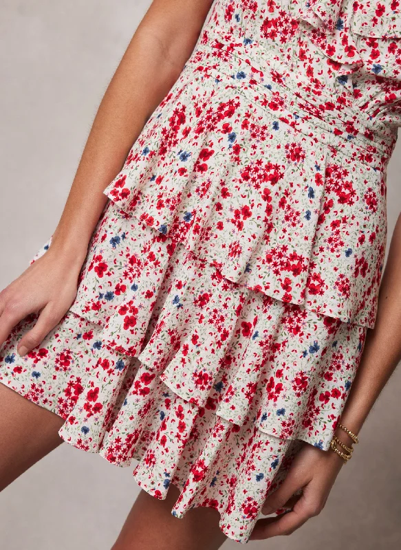 Cream Floral Print Ruffle Mini Dress