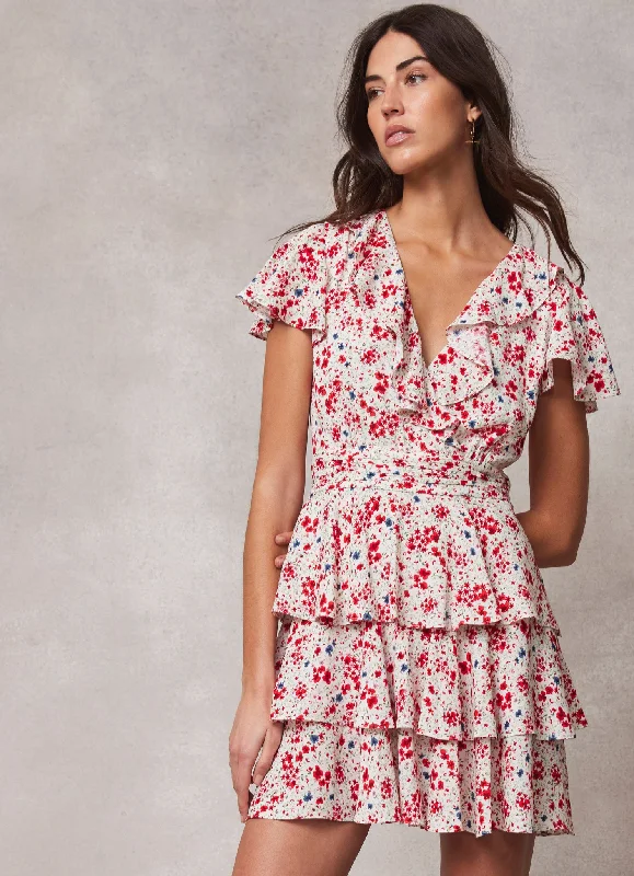 Cream Floral Print Ruffle Mini Dress