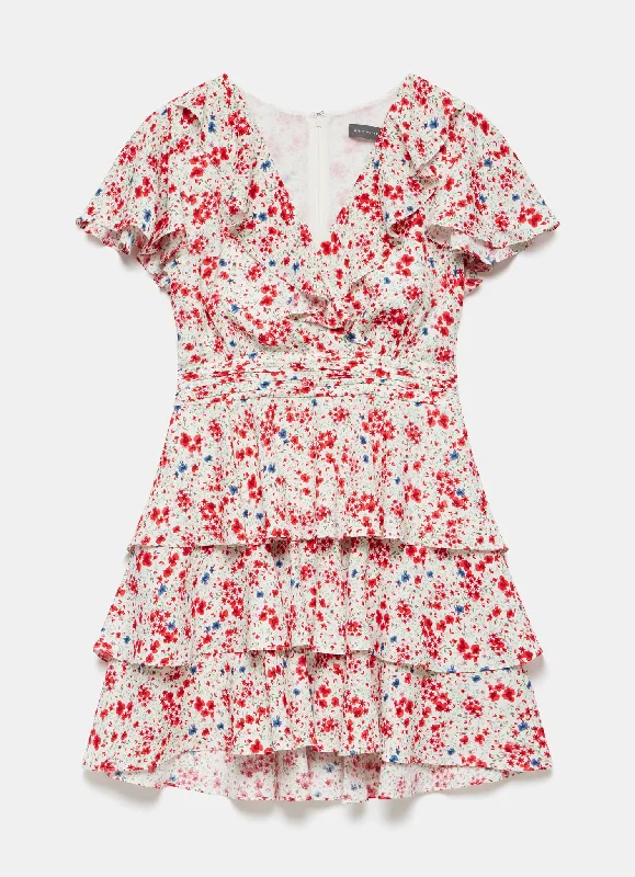 Cream Floral Print Ruffle Mini Dress