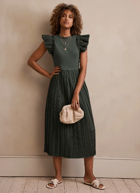 Khaki Jersey Crinkle Midi Dress