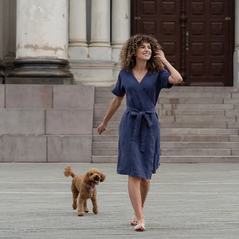 Linen Wrap Dress Eliana Storm Blue