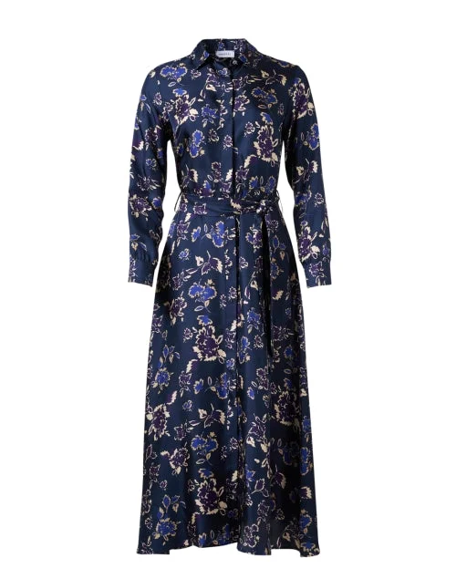 Navy Floral Silk Shirt Dress