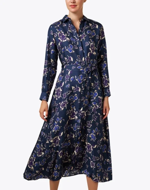 Navy Floral Silk Shirt Dress