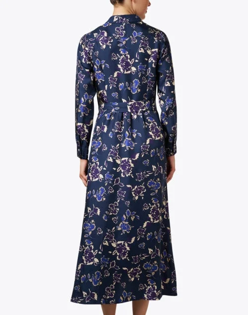 Navy Floral Silk Shirt Dress