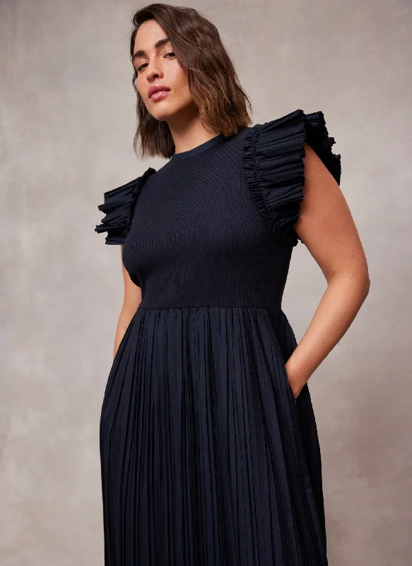 Navy Jersey Crinkle Midi Dress