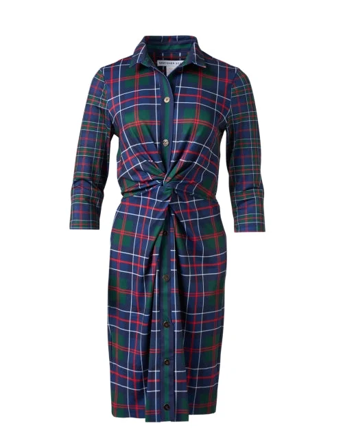 Navy Plaid Twist Front Dress