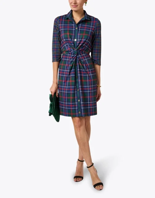 Navy Plaid Twist Front Dress