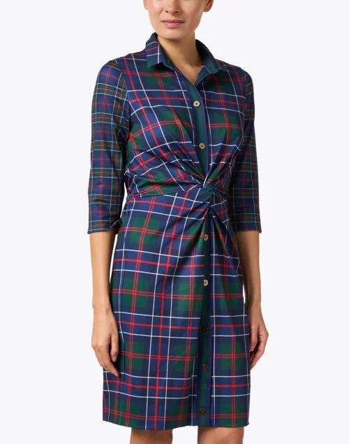 Navy Plaid Twist Front Dress