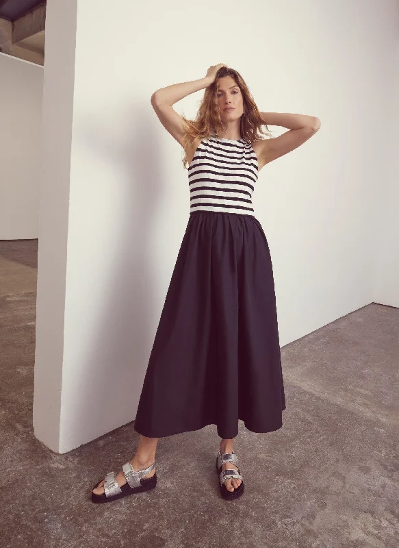 Navy Striped Jersey Midi Dress