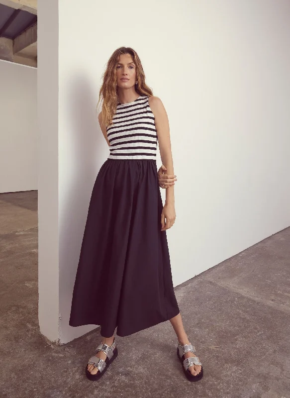 Navy Striped Jersey Midi Dress