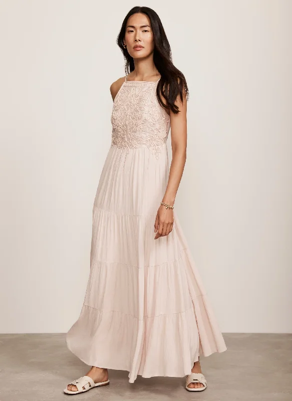 Pink Embroidered Halter Maxi Dress