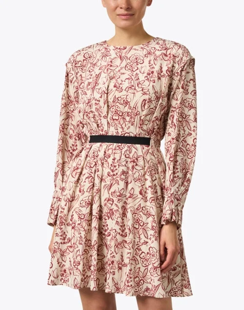 Red Floral Print Pleated Dress