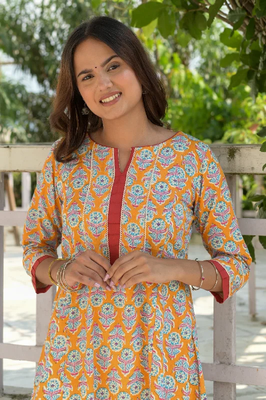 Amber Yellow Floral A Line Kurta