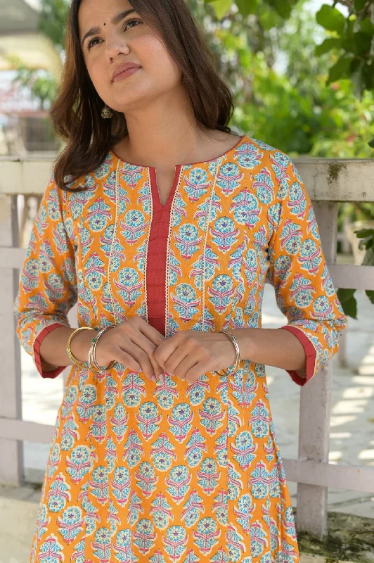 Amber Yellow Floral A Line Kurta