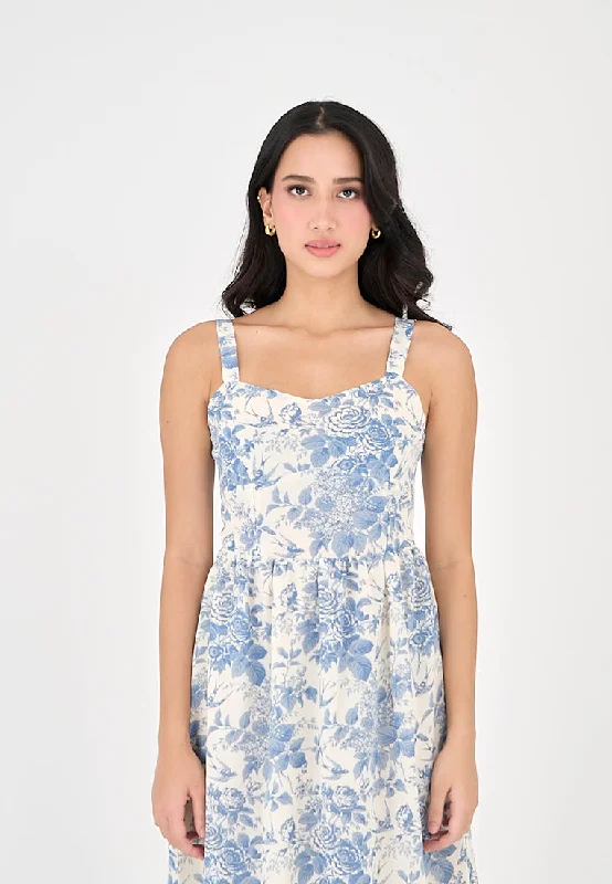 Asia Light Blue Floral All Over Print V Neckline Sleeveless Layer Midi Dress