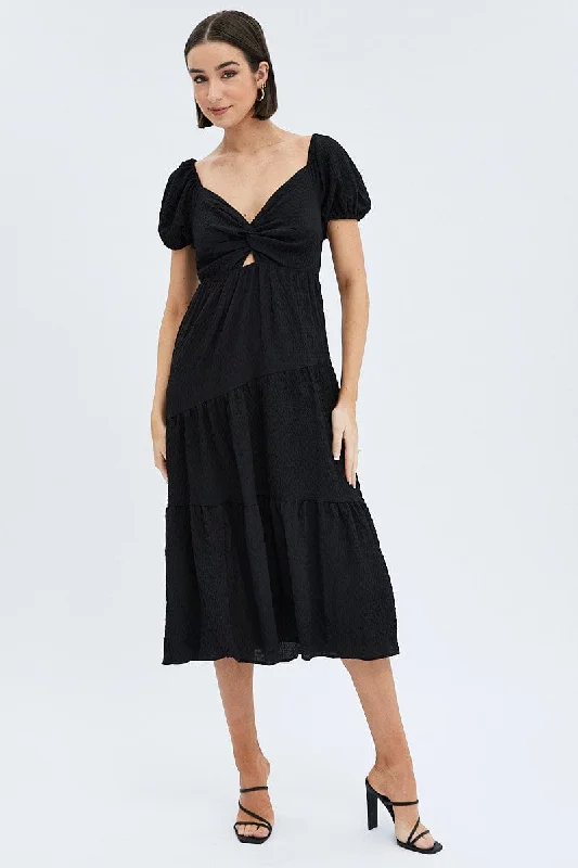 Black Midi Dress Short Sleeve Cut Out