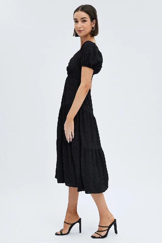 Black Midi Dress Short Sleeve Cut Out