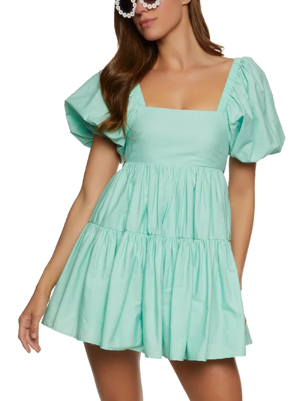 Poplin Puff Sleeve Mini Skater Dress