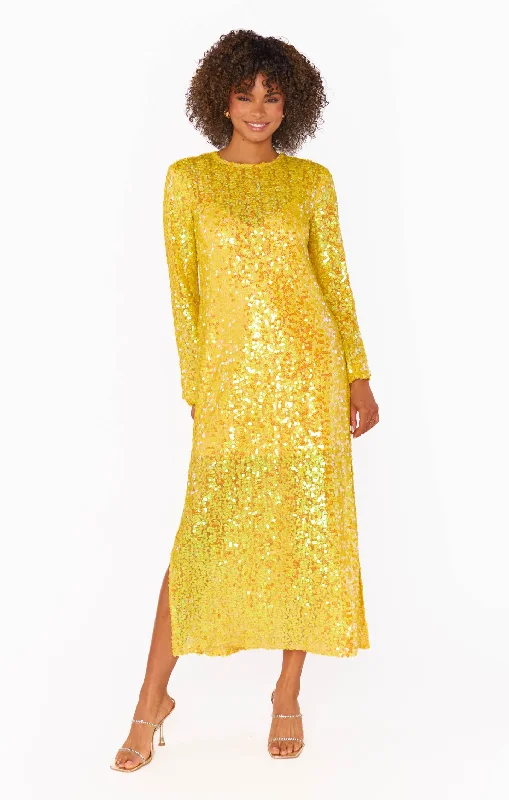 Calypso Midi Dress ~ Yellow Sequins