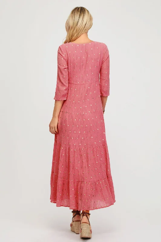 Crystal Embroidered Midi Dress | Bright Pink