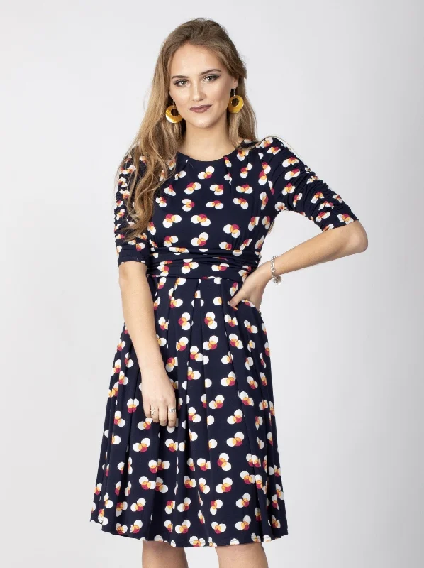 Ruched Sleeve Print Jersey Midi Dress, Navy Spot