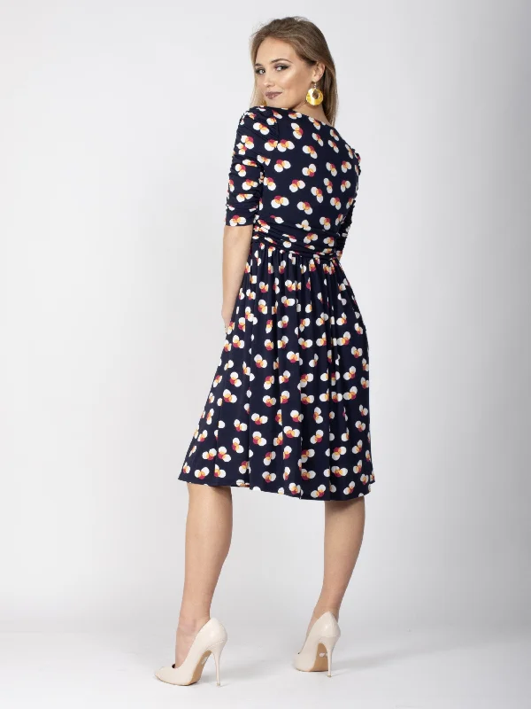 Ruched Sleeve Print Jersey Midi Dress, Navy Spot