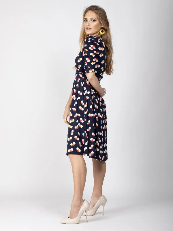 Ruched Sleeve Print Jersey Midi Dress, Navy Spot