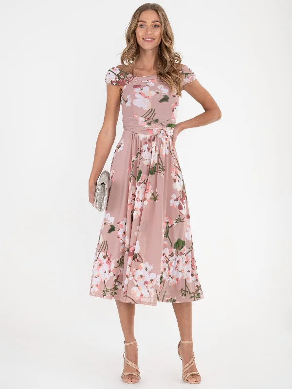 Jolie Moi Bardot Floral Mesh Midi Dress, Pink Floral