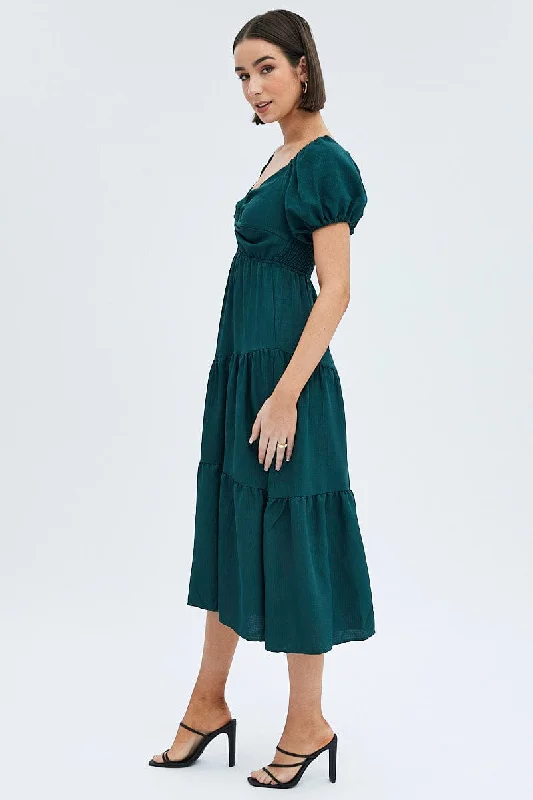 Green Midi Dress Short Sleeve Cut Out