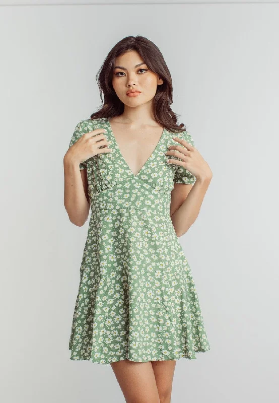 (PRE-ORDER: ETA September 15)   Harlene Green Floral Print V Neckline Short Sleeve Mini Dress