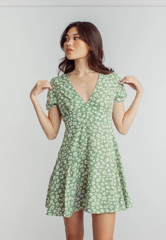 (PRE-ORDER: ETA September 15)   Harlene Green Floral Print V Neckline Short Sleeve Mini Dress