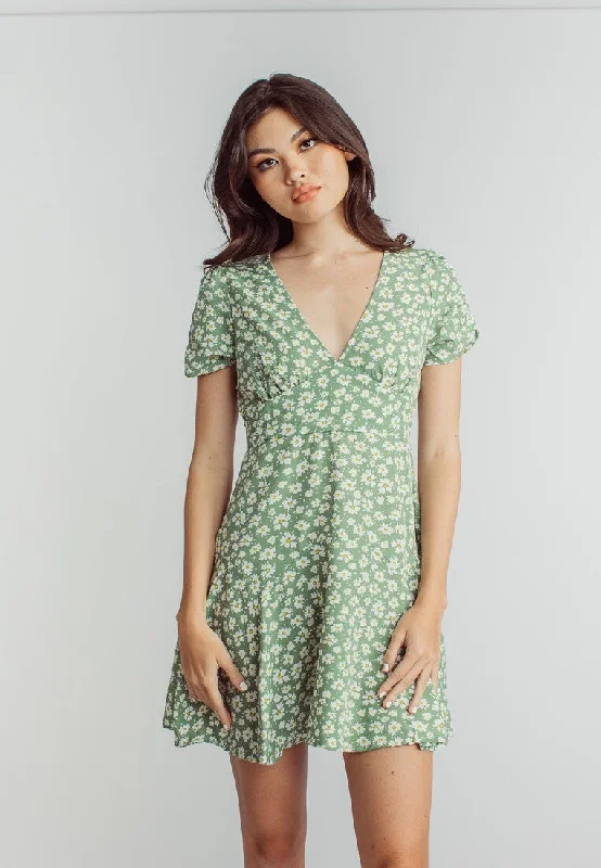 (PRE-ORDER: ETA September 15)   Harlene Green Floral Print V Neckline Short Sleeve Mini Dress