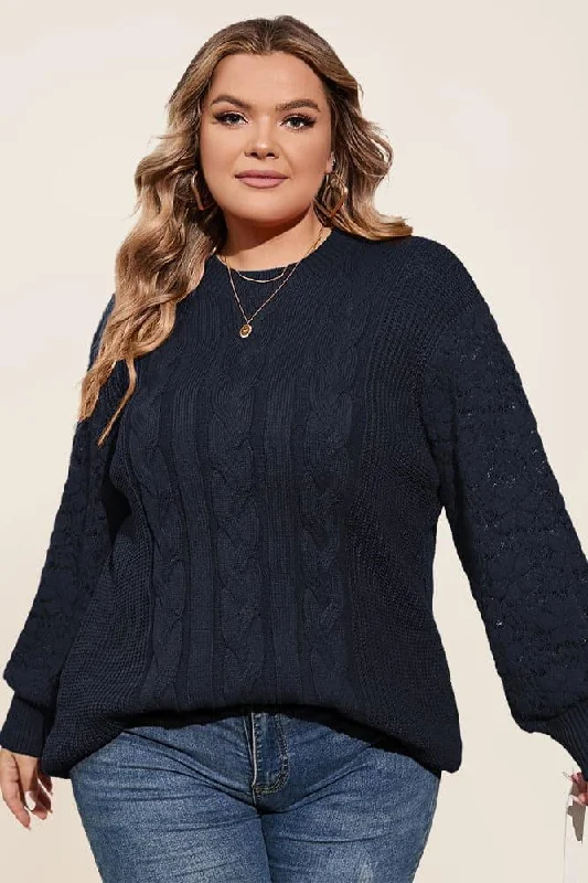 HN Women Plus Size Lace Patchwork Sweater Cable Pattern Long Sleeve Pullover