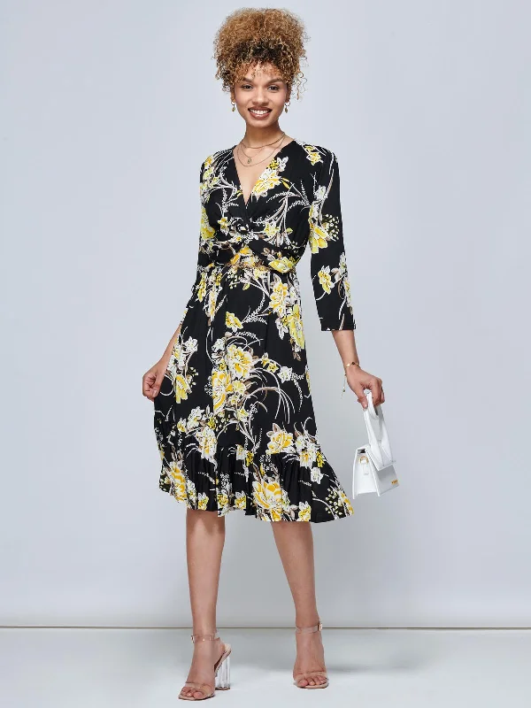 J by Jolie Moi Print Flounce Hem Midi Dress, Yellow Floral