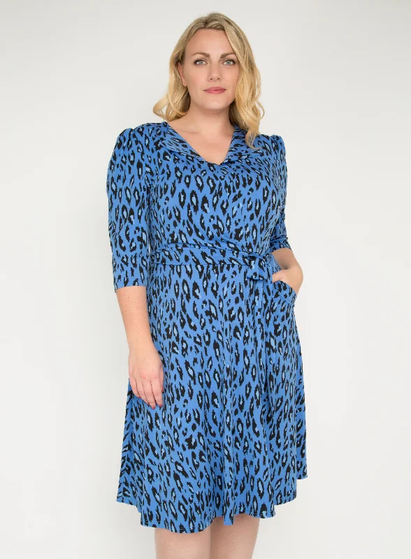 J by Jolie Moi Revers Collar Midi Dress, Blue Leopard