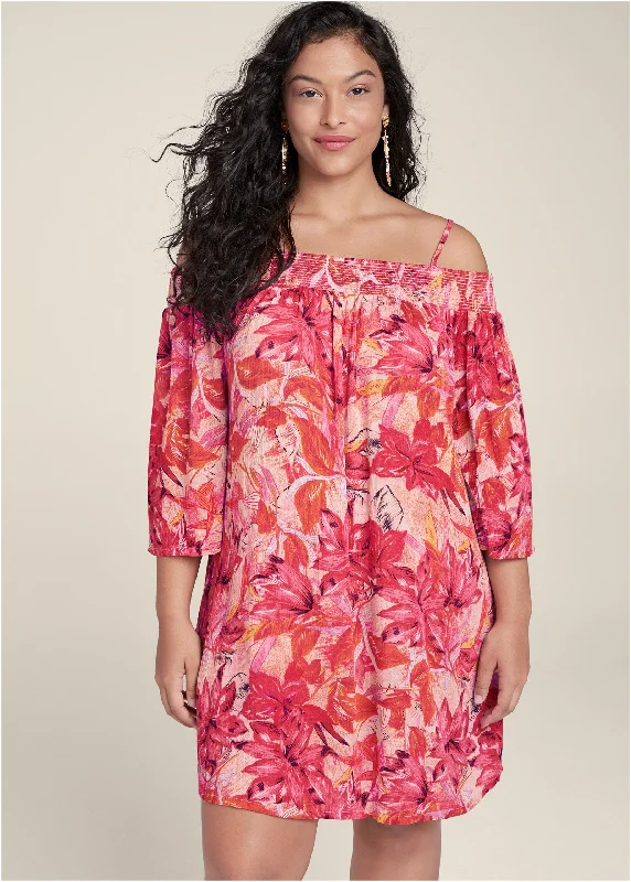 Floral cold-shoulder dress - Pink Multi