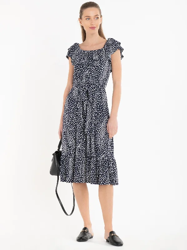 Jolie Moi Abstract Spot Ruffle Midi Dress, Navy Animal